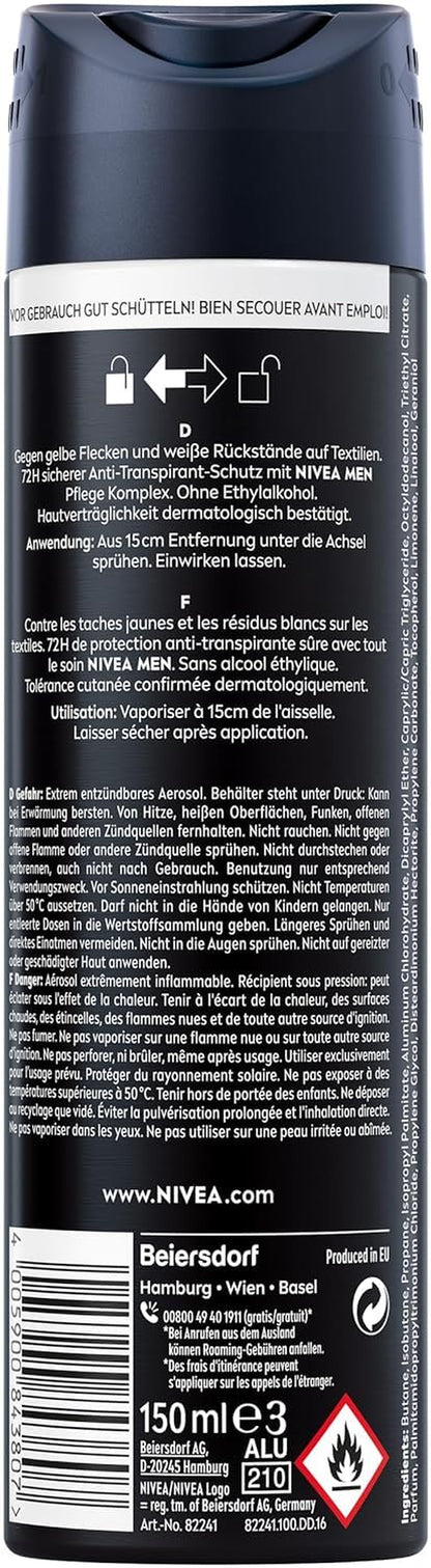 NIVEA MEN Black & White Invisible Deo Spray, Anti-Transpirant Mit Anti-Flecken-Formel, Mit 72H Anti-Transpirant-Schutz Und NIVEA MEN Pflegekomplex (150 Ml)