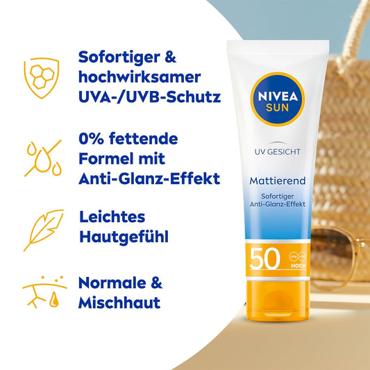 NIVEA SUN UV Gesicht Mattierender Sonnenschutz LSF 50 (50 Ml), Nicht Fettende Sonnencreme Für Das Gesicht, Sofort Wirksame Sonnenmilch Mit Leichter Textur