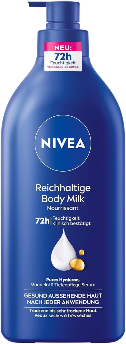 NIVEA Reichhaltige Body Milk, Intensiv Pflegende Körpercreme Mit Purem Hyaluron, Mandelöl Und Tiefenpflege Serum, Lotion Für Trockene Haut (625 Ml)
