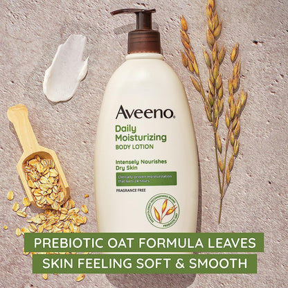 Aveeno Daily Moisturizing Body Lotion for Dry Skin with Prebiotic Oat, Fragrance & Paraben Free, Non-Greasy, Non-Comedogenic, for Sensitive Skin & 72-Hour Moisturizer 18 Fl Oz