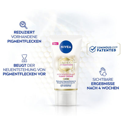 NIVEA Luminous 630 Hand Creme LSF15 (50 Ml), Pflegecreme Reduziert Pigmentflecken Und Beugt Der Neuentstehung Vor, Hochwirksame Anti-Pigmentflecken Creme Für Die Hände