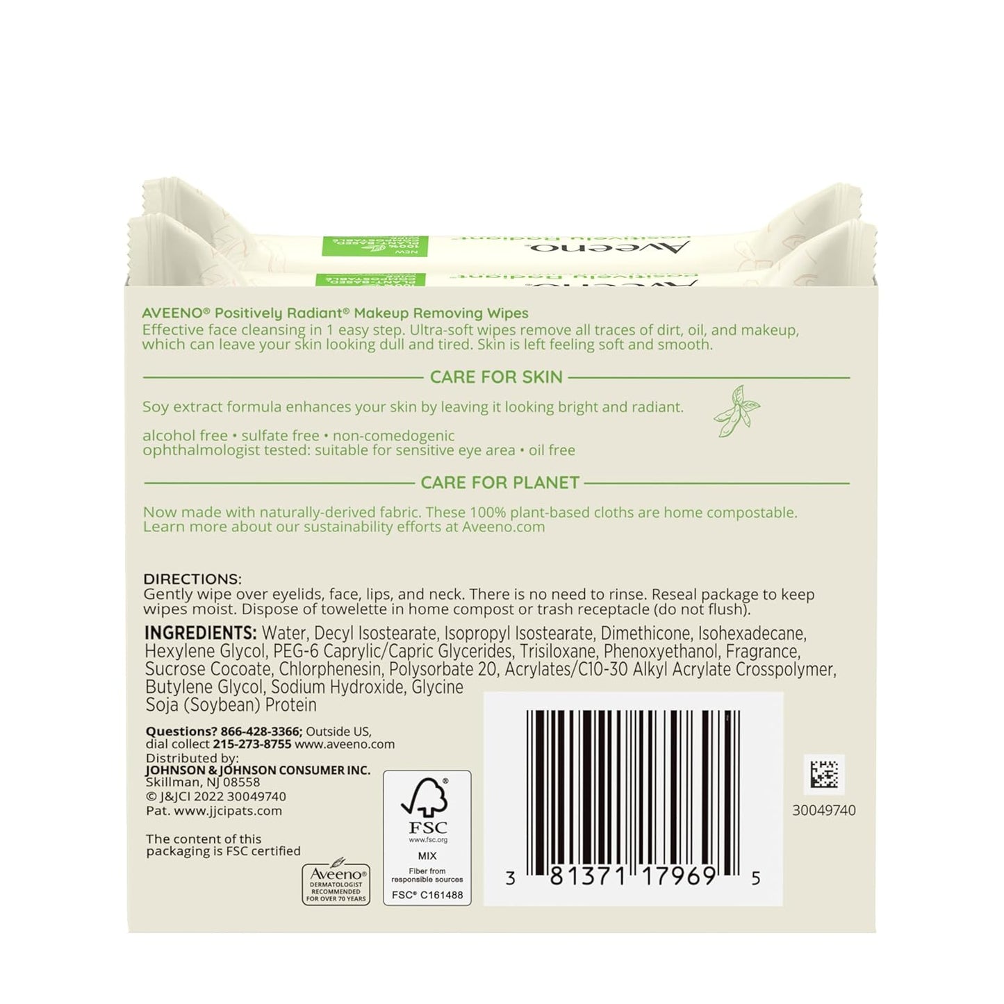 Aveeno Positively Radiant Alcohol Free Makeup Removing Face Wipes, Gentle Non-Comedogenic Facial Cleansing, 100% Plant Based Home Compostable, Sulfate Free, 50 Count (2 Packs of 25)