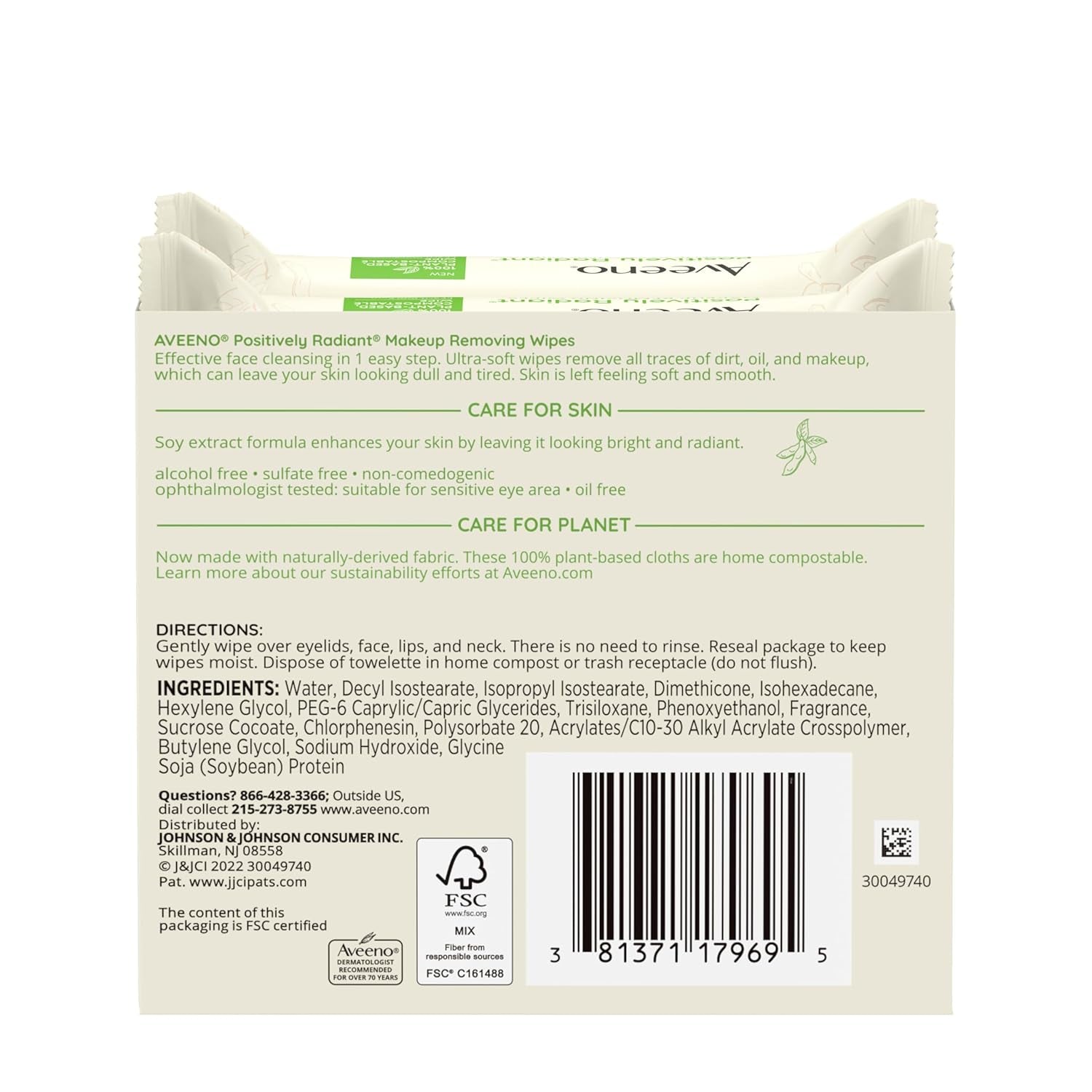 Aveeno Positively Radiant Alcohol Free Makeup Removing Face Wipes, Gentle Non-Comedogenic Facial Cleansing, 100% Plant Based Home Compostable, Sulfate Free, 50 Count (2 Packs of 25)