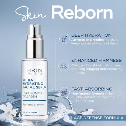Skin Aesthetics Hyaluronic Acid Serum for Face - Dermatologist Tested - with Collagen for Anti-Aging, Ultra Hydrating, Fine Lines, Wrinkles & Acne Scar Treatment - Clean Beauty, Korean Skincare