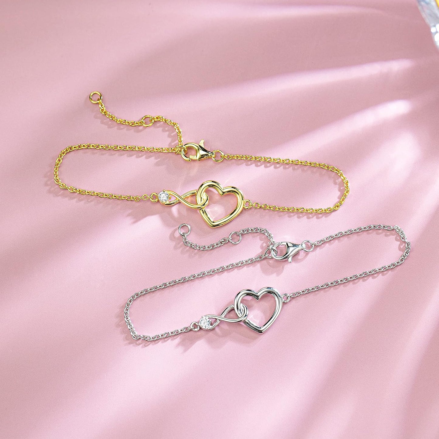 FANCIME Infinity Love Heart Necklace Bracelet 925 Sterling Sliver Gold Plated Dainty Simulated Diamond Jewelry Birthday Anniversary for Women Mom Her Wife Lady, Adjustable Chain
