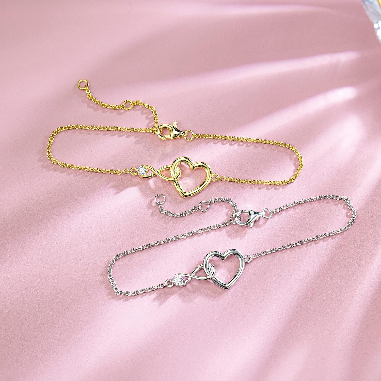 FANCIME Infinity Love Heart Necklace Bracelet 925 Sterling Sliver Gold Plated Dainty Simulated Diamond Jewelry Birthday Anniversary for Women Mom Her Wife Lady, Adjustable Chain