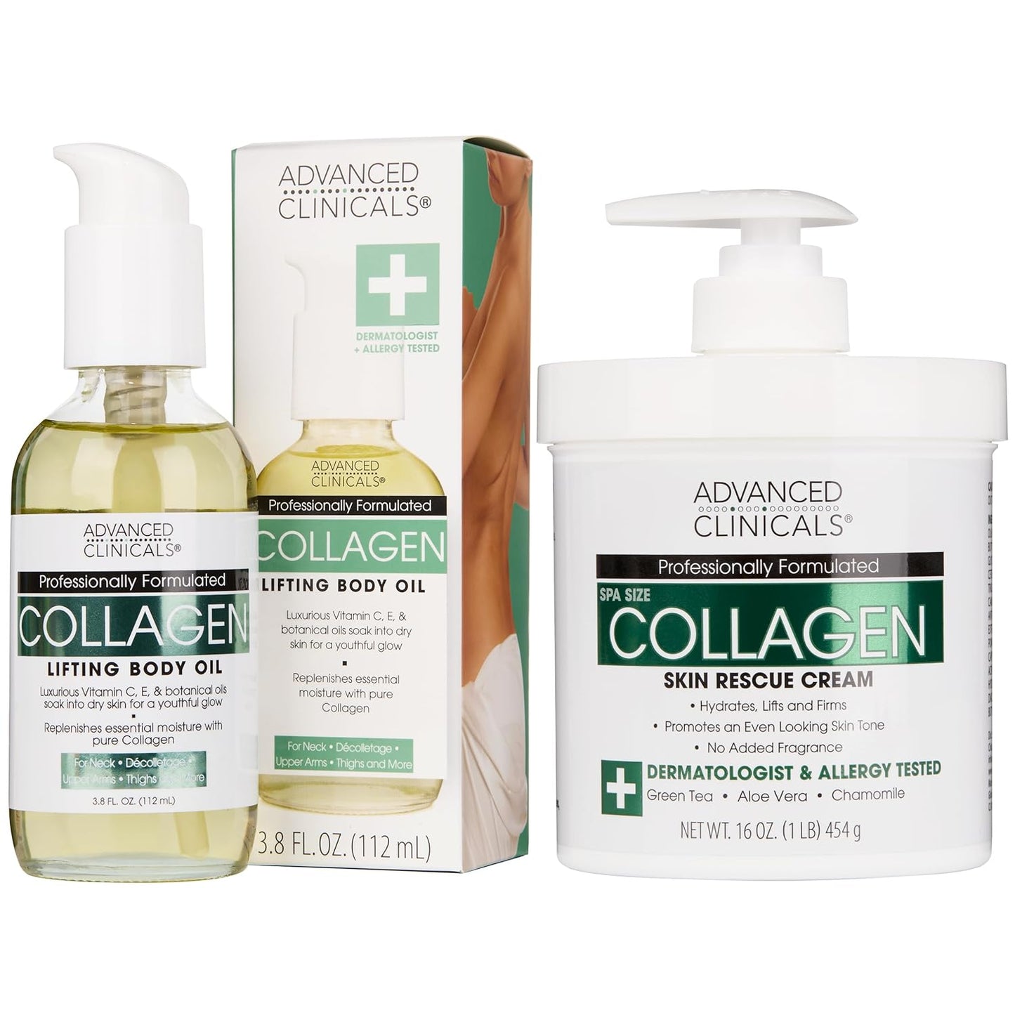 Collagen Body Cream and Face Serum Set - Unscented Formula for All Skin Types, Reduces Wrinkles and Dryness
