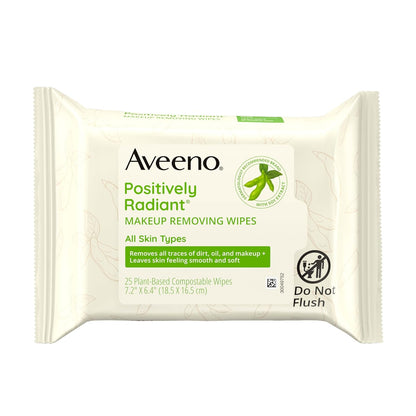 Aveeno Positively Radiant Alcohol Free Makeup Removing Face Wipes, Gentle Non-Comedogenic Facial Cleansing, 100% Plant Based Home Compostable, Sulfate Free, 50 Count (2 Packs of 25)