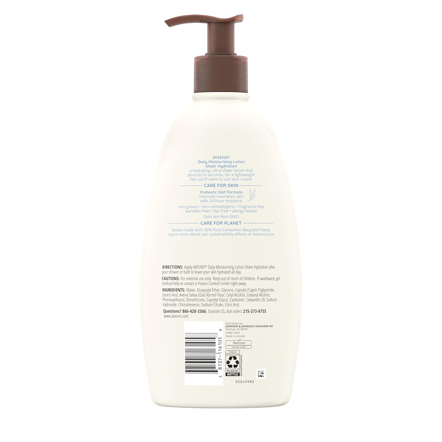 Aveeno Sheer Hydration Daily Moisturizing Fragrance-Free Lotion with Nourishing Prebiotic Oat, Fast-Absorbing Body Moisturizer for Dry Skin with Lightweight, Breathable Feel, 18 Fl. Oz