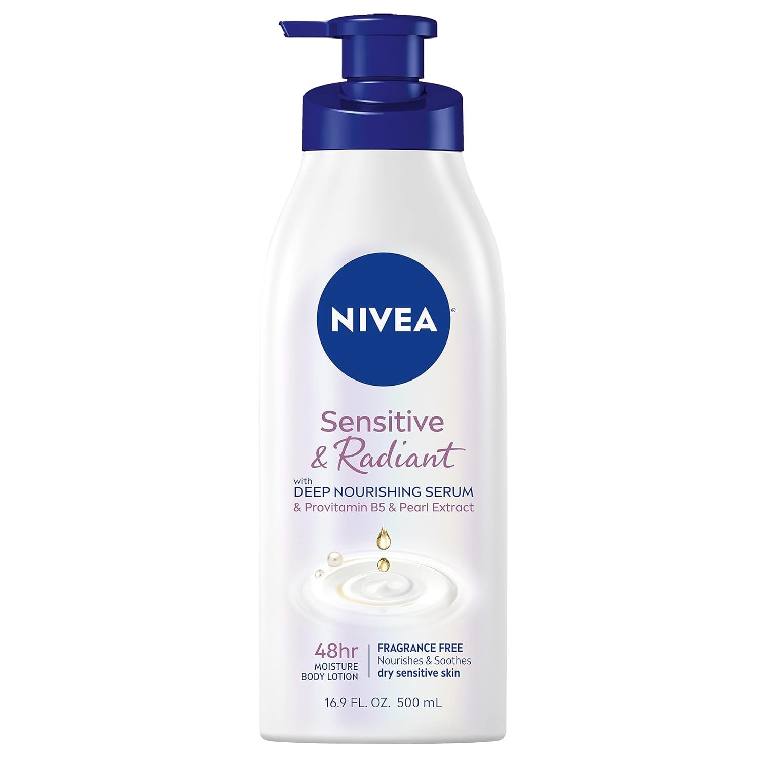 NIVEA Sensitive and Radiant Body Lotion for Sensitive Skin, Unscented Body Lotion with Hypoallergenic Formula, 16.9 Fl Oz Pump Bottle