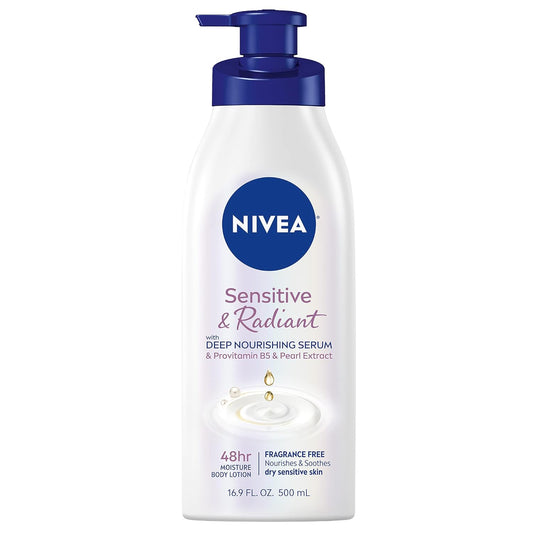 NIVEA Sensitive and Radiant Body Lotion for Sensitive Skin, Unscented Body Lotion with Hypoallergenic Formula, 16.9 Fl Oz Pump Bottle