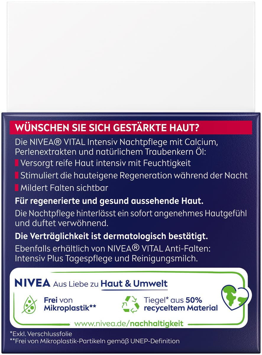 NIVEA VITAL Anti-Falten Intensiv Nachtpflege Für Reife Haut, Gesichtspflege Mit Calcium, Perlenextrakten & Natürlichem Traubenkern Öl, Nachtcreme Zur Unterstützung Der Hautregeneration (50 Ml)