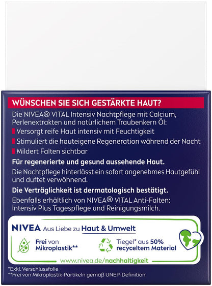 NIVEA VITAL Anti-Falten Intensiv Nachtpflege Für Reife Haut, Gesichtspflege Mit Calcium, Perlenextrakten & Natürlichem Traubenkern Öl, Nachtcreme Zur Unterstützung Der Hautregeneration (50 Ml)