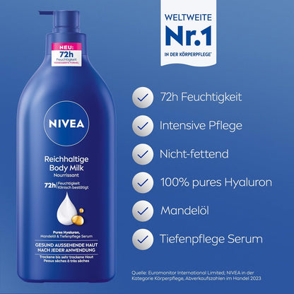 NIVEA Reichhaltige Body Milk, Intensiv Pflegende Körpercreme Mit Purem Hyaluron, Mandelöl Und Tiefenpflege Serum, Lotion Für Trockene Haut (625 Ml)