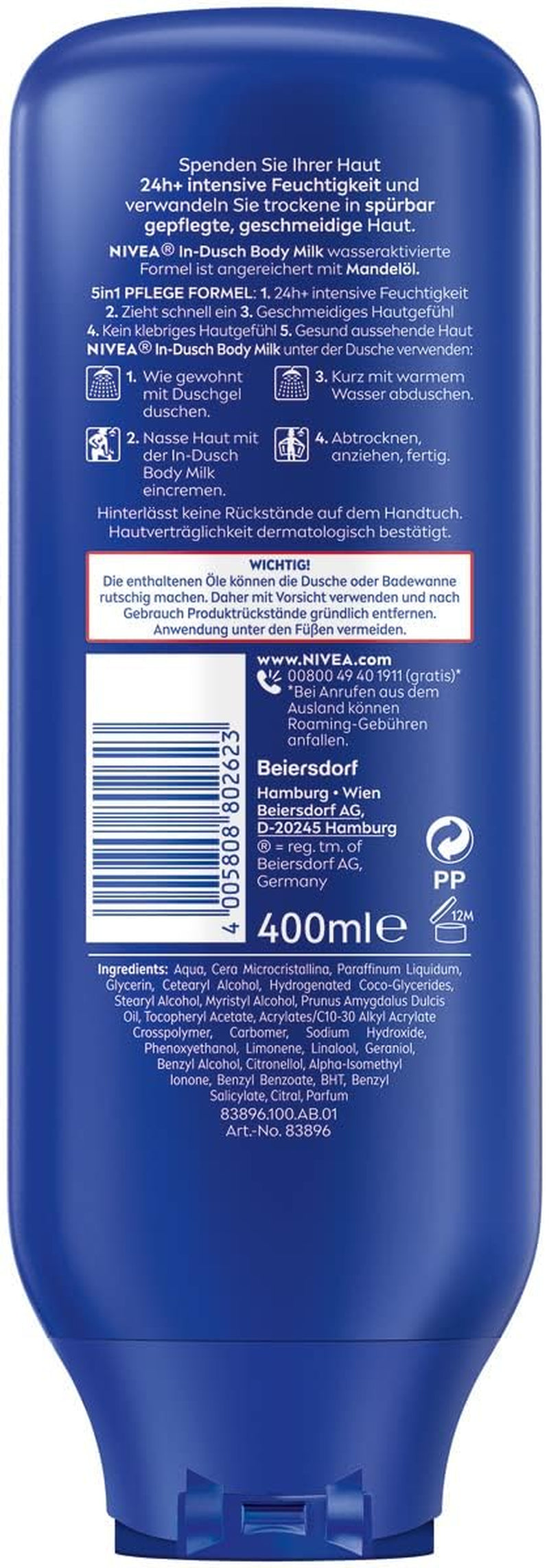 NIVEA In-Dusch Body Milk (400 Ml), Körpercreme Mit Mandel-Öl Und Wasseraktivierter 5In1 Pflege Formel, Feuchtigkeitsspendende Body Lotion Für Die Dusche