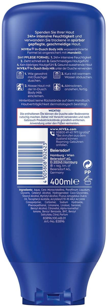 NIVEA In-Dusch Body Milk (400 Ml), Körpercreme Mit Mandel-Öl Und Wasseraktivierter 5In1 Pflege Formel, Feuchtigkeitsspendende Body Lotion Für Die Dusche