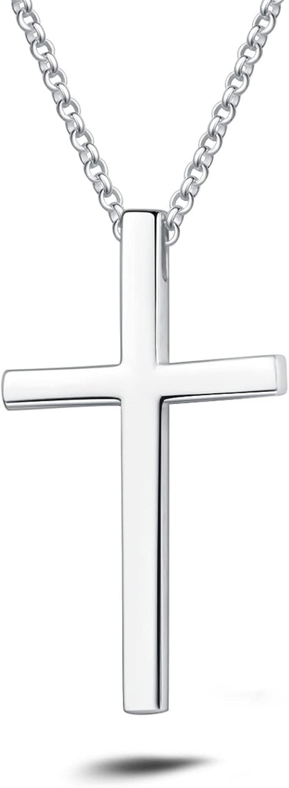 Carleen White Gold Plated Solid Sterling Silver Large Mens Classic Cross Pendant Necklace Faithful Jewelry Gifts for Mens Boys Son, 24 Inch Rolo Chain Lobster Clasp