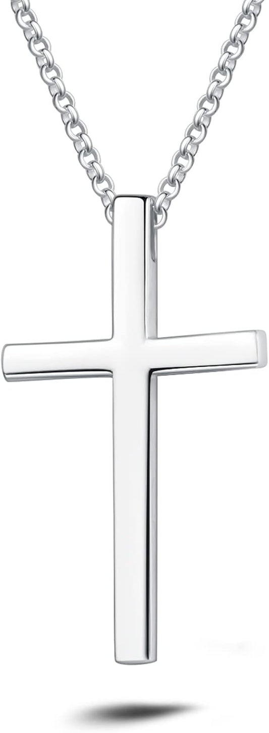 Carleen White Gold Plated Solid Sterling Silver Large Mens Classic Cross Pendant Necklace Faithful Jewelry Gifts for Mens Boys Son, 24 Inch Rolo Chain Lobster Clasp