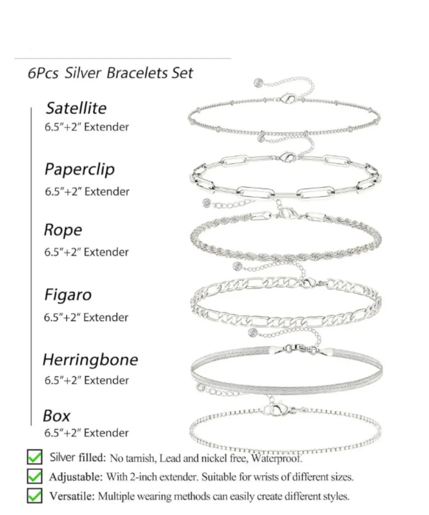 Dainty Silver Bracelets for Women Trendy, 925 Sterling Silver Jewelry Set for Women Bracelets for Women Paperclip Box Herringbone Figaro Rope Chain Bracelet Fashion Pack Gifts for Women Girls