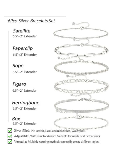 Dainty Silver Bracelets for Women Trendy, 925 Sterling Silver Jewelry Set for Women Bracelets for Women Paperclip Box Herringbone Figaro Rope Chain Bracelet Fashion Pack Gifts for Women Girls