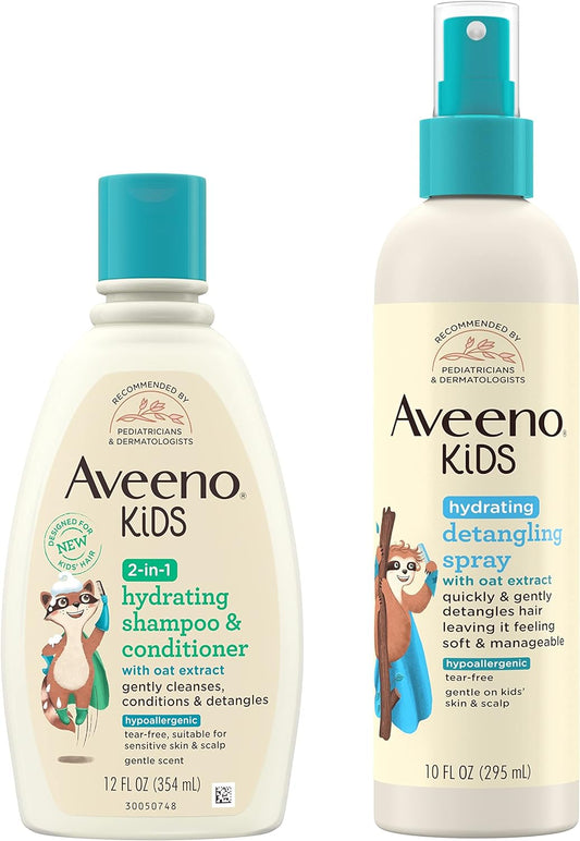 Aveeno Kids Hydrating 2-In-1 Shampoo & Conditioner with Detangling Spray, Gently Cleanses and Conditions Hair, 12 Fl. Oz & 10 Fl. Oz
