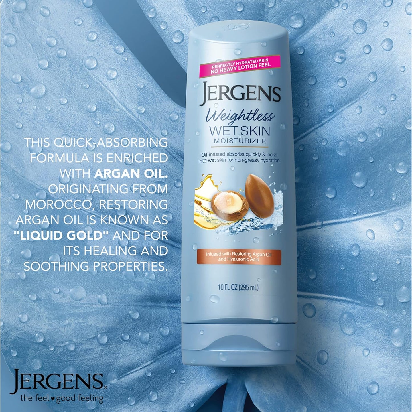 Jergens Wet Skin Body Moisturizer with Restoring Argan Oil, 10 Ounces, 4X Healthier Looking Skin, Fast-Absorbing, Non-Greasy, Dermatologist Tested (Pack of 4) (Packaging May Vary)