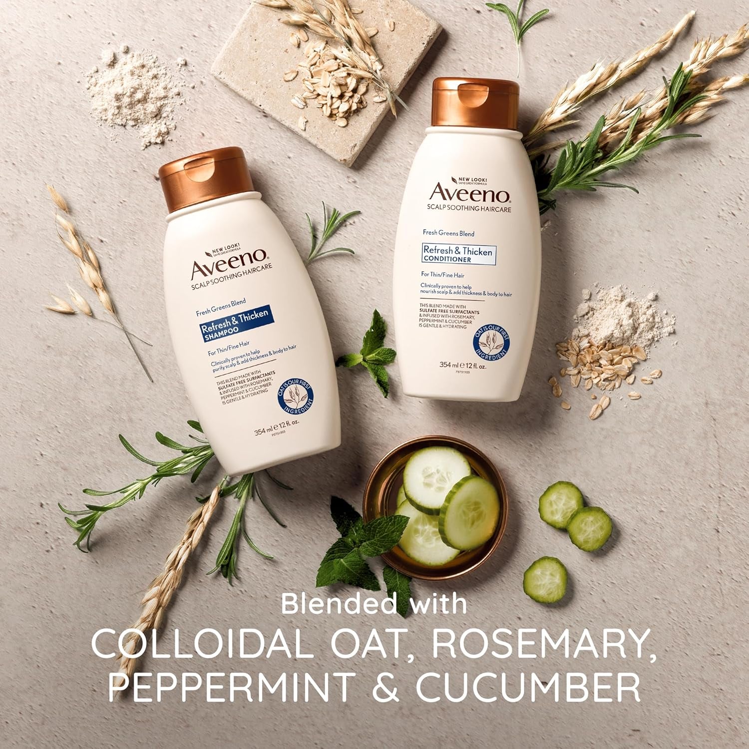 Aveeno, Fresh Greens Blend Sulfate-Free Shampoo with Rosemary, Peppermint & Cucumber to Thicken & Nourish, Clarifying & Volumizing Shampoo for Thin or Fine Hair, Paraben-Free, 12Oz