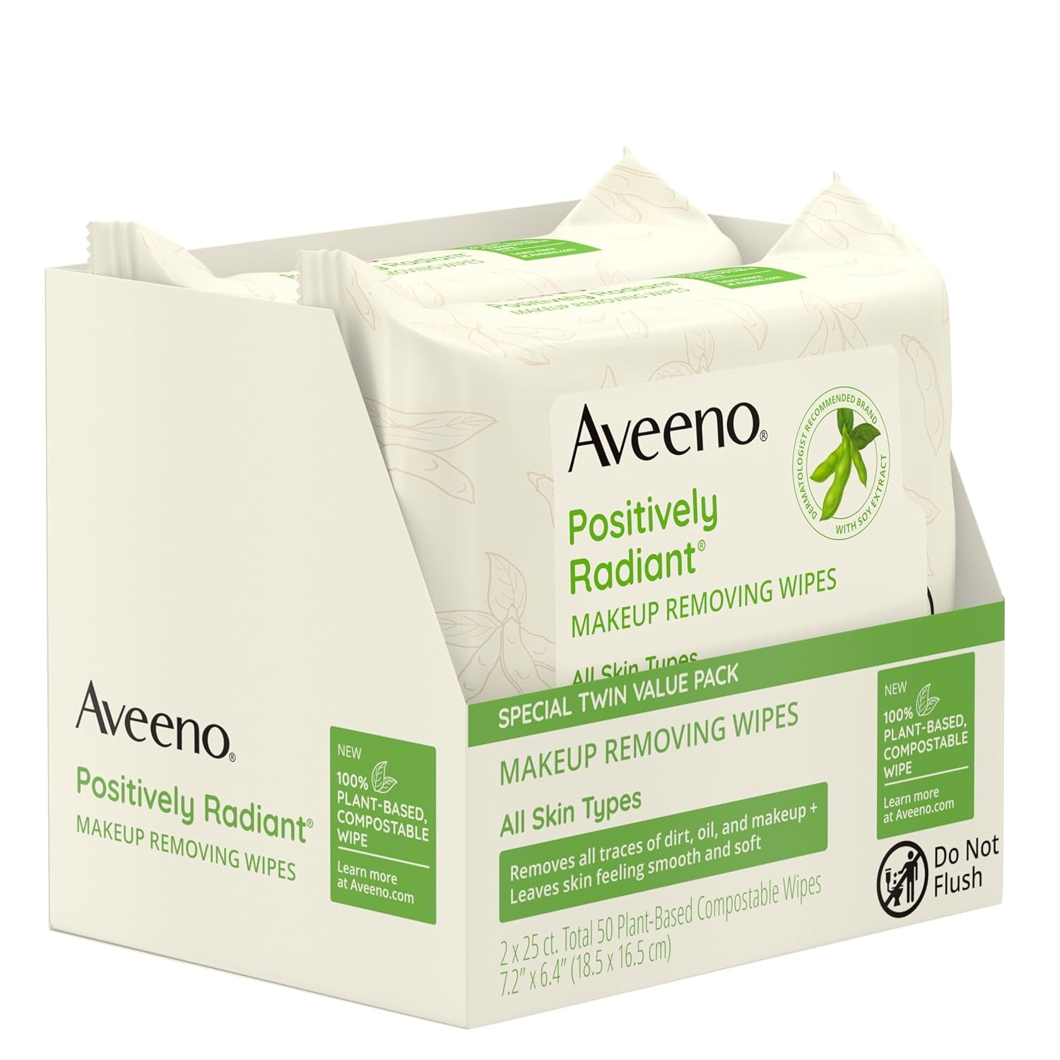 Aveeno Positively Radiant Alcohol Free Makeup Removing Face Wipes, Gentle Non-Comedogenic Facial Cleansing, 100% Plant Based Home Compostable, Sulfate Free, 50 Count (2 Packs of 25)