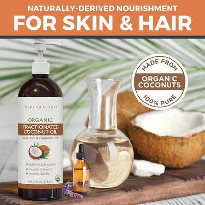 Viva Naturals Organic Fractionated Coconut Oil - Skin & Hair Moisturizer, Relaxing Massage and Body Oil, Carrier Oil for Essential Oils Mixing, Pure Non-Greasy Coconut Oil for Skin and Hair, 16 Fl Oz