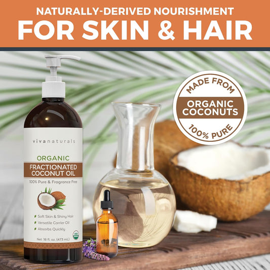 Viva Naturals Organic Fractionated Coconut Oil - Skin & Hair Moisturizer, Relaxing Massage and Body Oil, Carrier Oil for Essential Oils Mixing, Pure Non-Greasy Coconut Oil for Skin and Hair, 16 Fl Oz