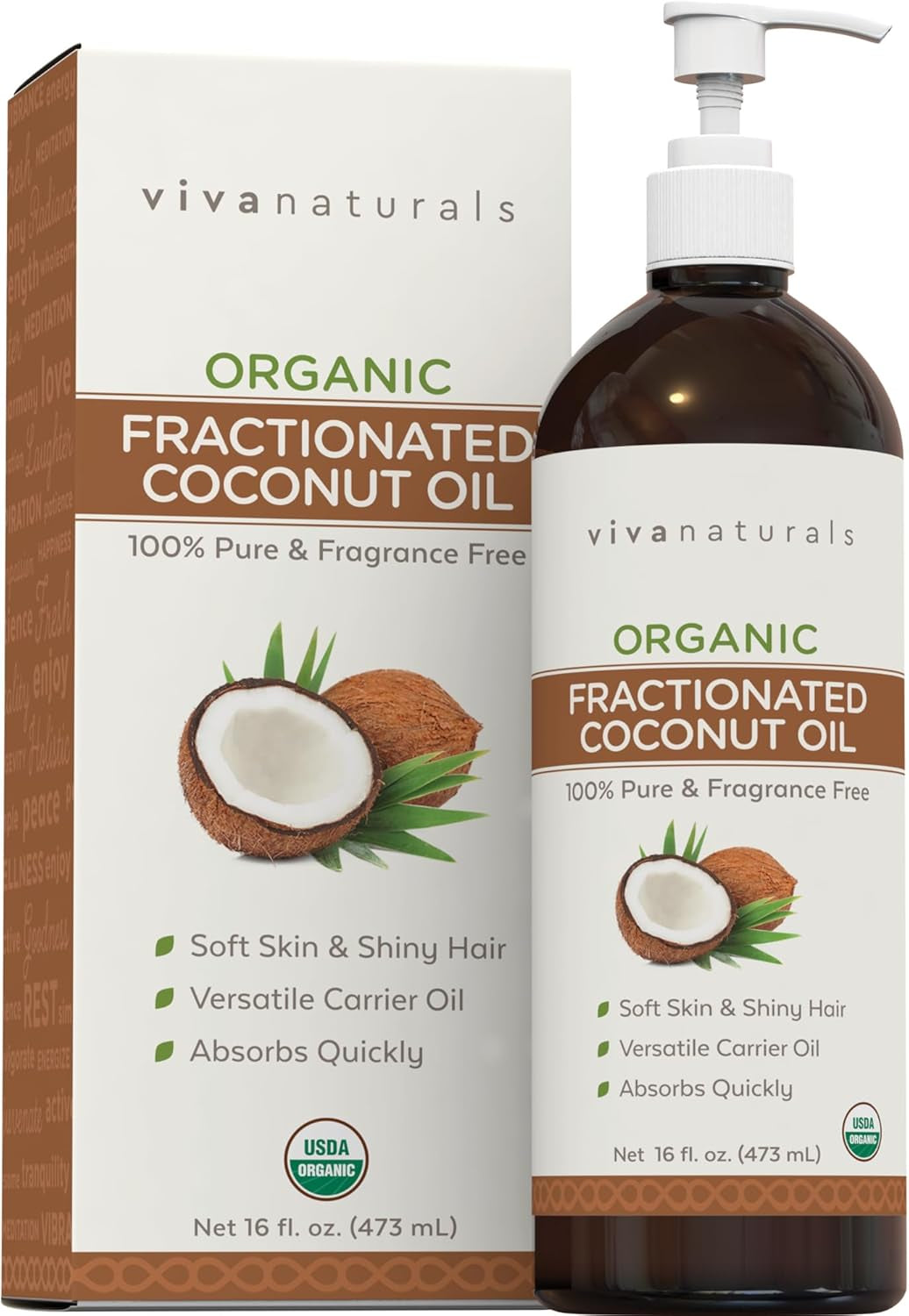 Viva Naturals Organic Fractionated Coconut Oil - Skin & Hair Moisturizer, Relaxing Massage and Body Oil, Carrier Oil for Essential Oils Mixing, Pure Non-Greasy Coconut Oil for Skin and Hair, 16 Fl Oz