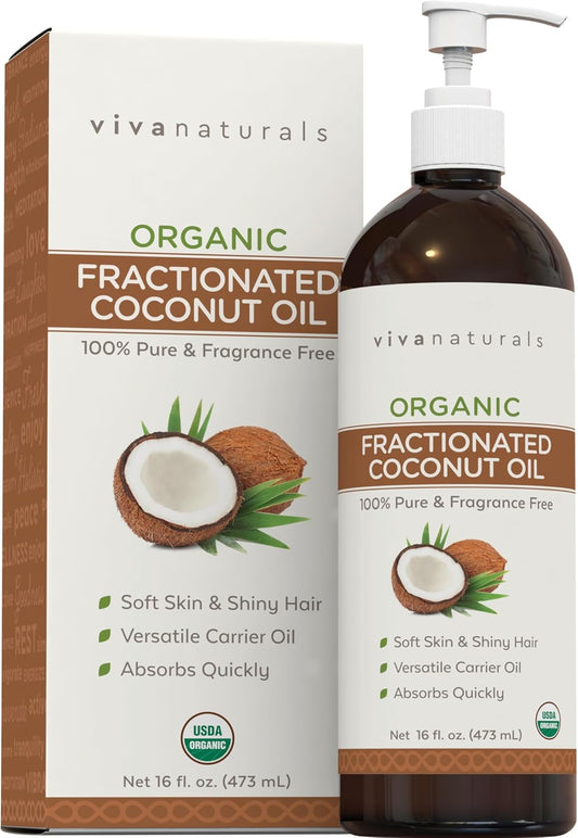 Viva Naturals Organic Fractionated Coconut Oil - Skin & Hair Moisturizer, Relaxing Massage and Body Oil, Carrier Oil for Essential Oils Mixing, Pure Non-Greasy Coconut Oil for Skin and Hair, 16 Fl Oz