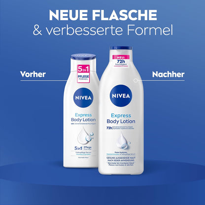 NIVEA Express Body Lotion, Extra Schnell Einziehende Körperlotion, Körpercreme Mit Purem Hyaluron, Meeresmineralien Und NIVEA Tiefenpflege Serum (400 Ml)