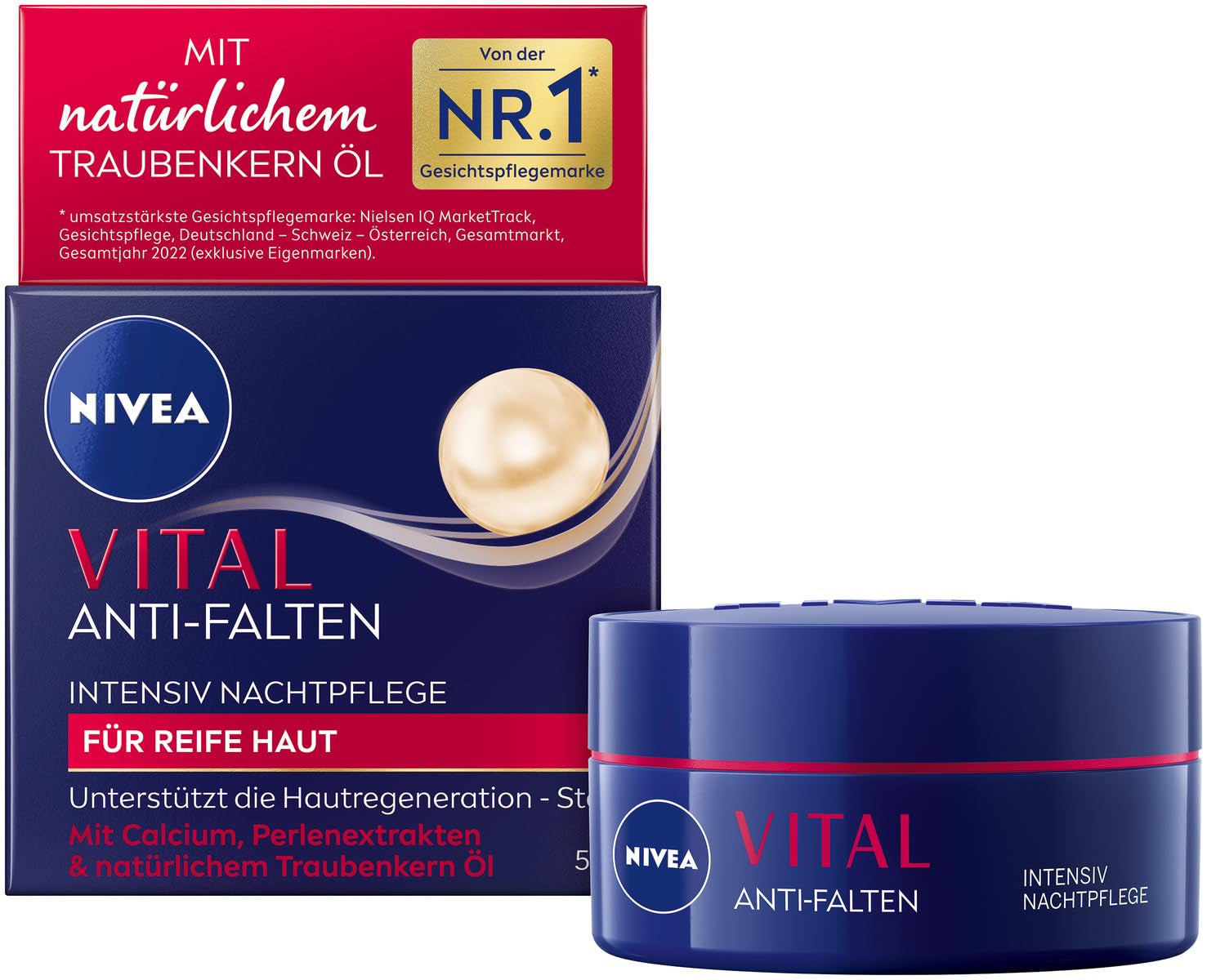 NIVEA VITAL Anti-Falten Intensiv Nachtpflege Für Reife Haut, Gesichtspflege Mit Calcium, Perlenextrakten & Natürlichem Traubenkern Öl, Nachtcreme Zur Unterstützung Der Hautregeneration (50 Ml)