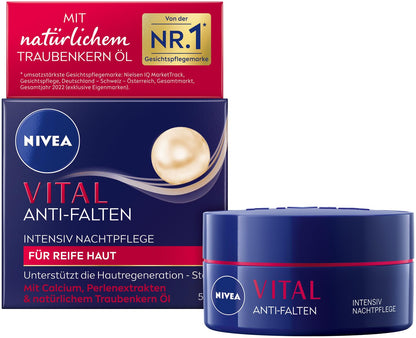 NIVEA VITAL Anti-Falten Intensiv Nachtpflege Für Reife Haut, Gesichtspflege Mit Calcium, Perlenextrakten & Natürlichem Traubenkern Öl, Nachtcreme Zur Unterstützung Der Hautregeneration (50 Ml)