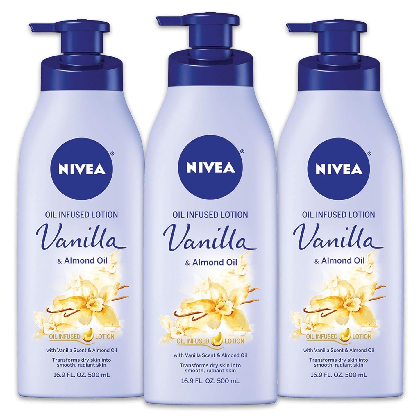 NIVEA Oil Infused Vanilla and Almond Oil Body Lotion for Women, Fast-Absorbing and Non-Greasy Vanilla Scented Lotion Moisturizes for 48 Hours, 16.9 Fl Oz Pump Bottle, Pack of 3