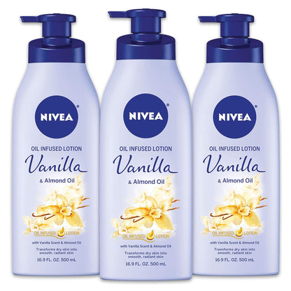 NIVEA Oil Infused Vanilla and Almond Oil Body Lotion for Women, Fast-Absorbing and Non-Greasy Vanilla Scented Lotion Moisturizes for 48 Hours, 16.9 Fl Oz Pump Bottle, Pack of 3