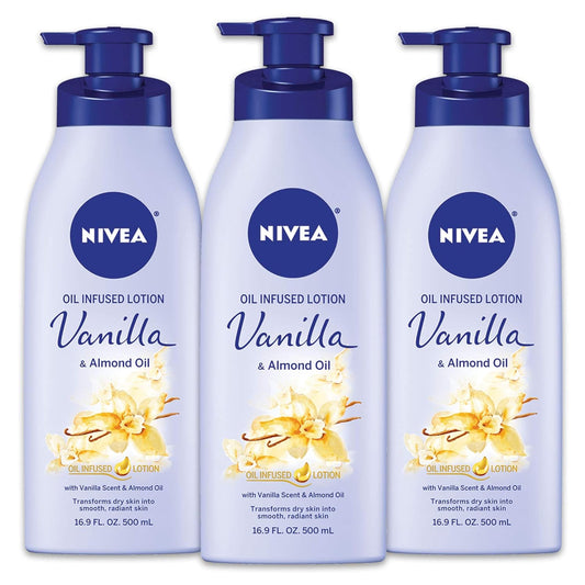 NIVEA Oil Infused Vanilla and Almond Oil Body Lotion for Women, Fast-Absorbing and Non-Greasy Vanilla Scented Lotion Moisturizes for 48 Hours, 16.9 Fl Oz Pump Bottle, Pack of 3