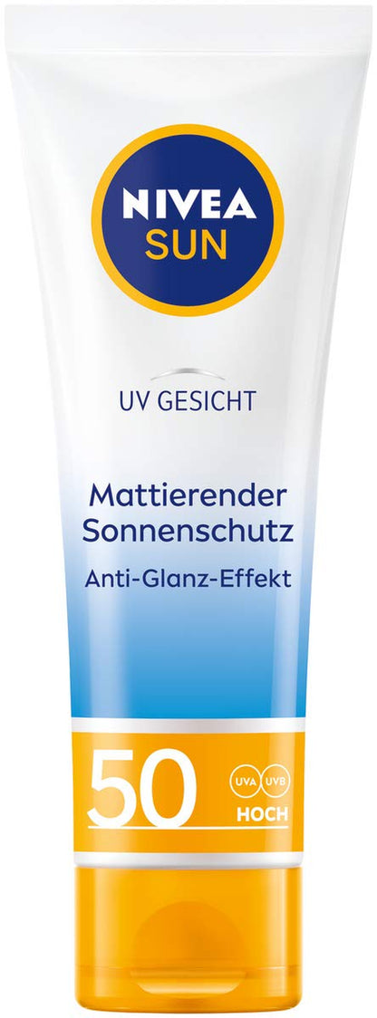 NIVEA SUN UV Gesicht Mattierender Sonnenschutz LSF 50 (50 Ml), Nicht Fettende Sonnencreme Für Das Gesicht, Sofort Wirksame Sonnenmilch Mit Leichter Textur (Packung Mit 2)