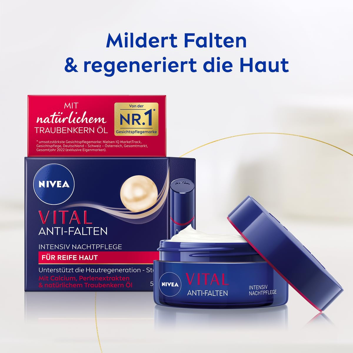 NIVEA VITAL Anti-Falten Intensiv Nachtpflege Für Reife Haut, Gesichtspflege Mit Calcium, Perlenextrakten & Natürlichem Traubenkern Öl, Nachtcreme Zur Unterstützung Der Hautregeneration (50 Ml)