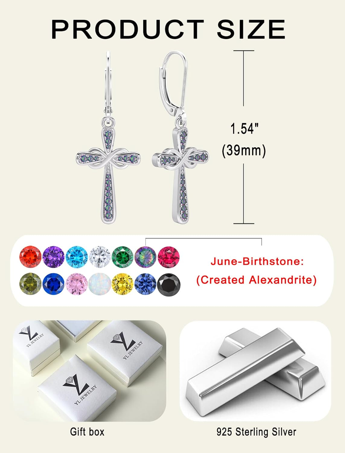 YL Cross Earrings 925 Sterling Silver Infinity Dangle Drop Earrings Birthstone Criss Leverback Jewelry