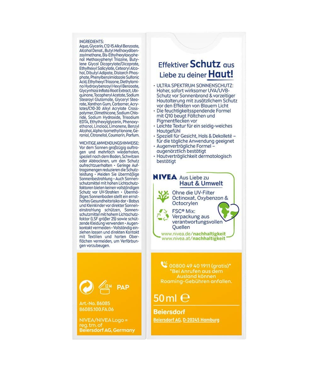 NIVEA SUN UV Gesicht Q10 Anti-Age Sonnenschutz Mit LSF 30 (50 Ml), Feuchtigkeitsspendende Gesichtssonnencreme, Anti-Falten Sonnencreme Mit Schutz Vor Uva/Uvb-Strahlen