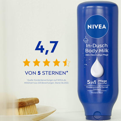 NIVEA In-Dusch Body Milk (400 Ml), Körpercreme Mit Mandel-Öl Und Wasseraktivierter 5In1 Pflege Formel, Feuchtigkeitsspendende Body Lotion Für Die Dusche