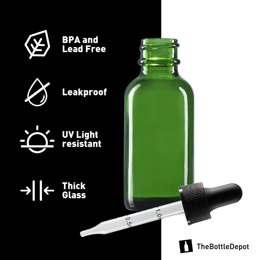 The Bottle Depot - 24 Pack - 1 Oz Glass Bottle with Dropper - Green - 20-400 Neck Finish - Boston round Bottles - UV Rays Protection