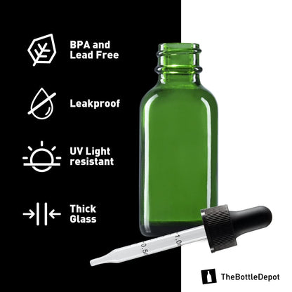 The Bottle Depot - 24 Pack - 1 Oz Glass Bottle with Dropper - Green - 20-400 Neck Finish - Boston round Bottles - UV Rays Protection