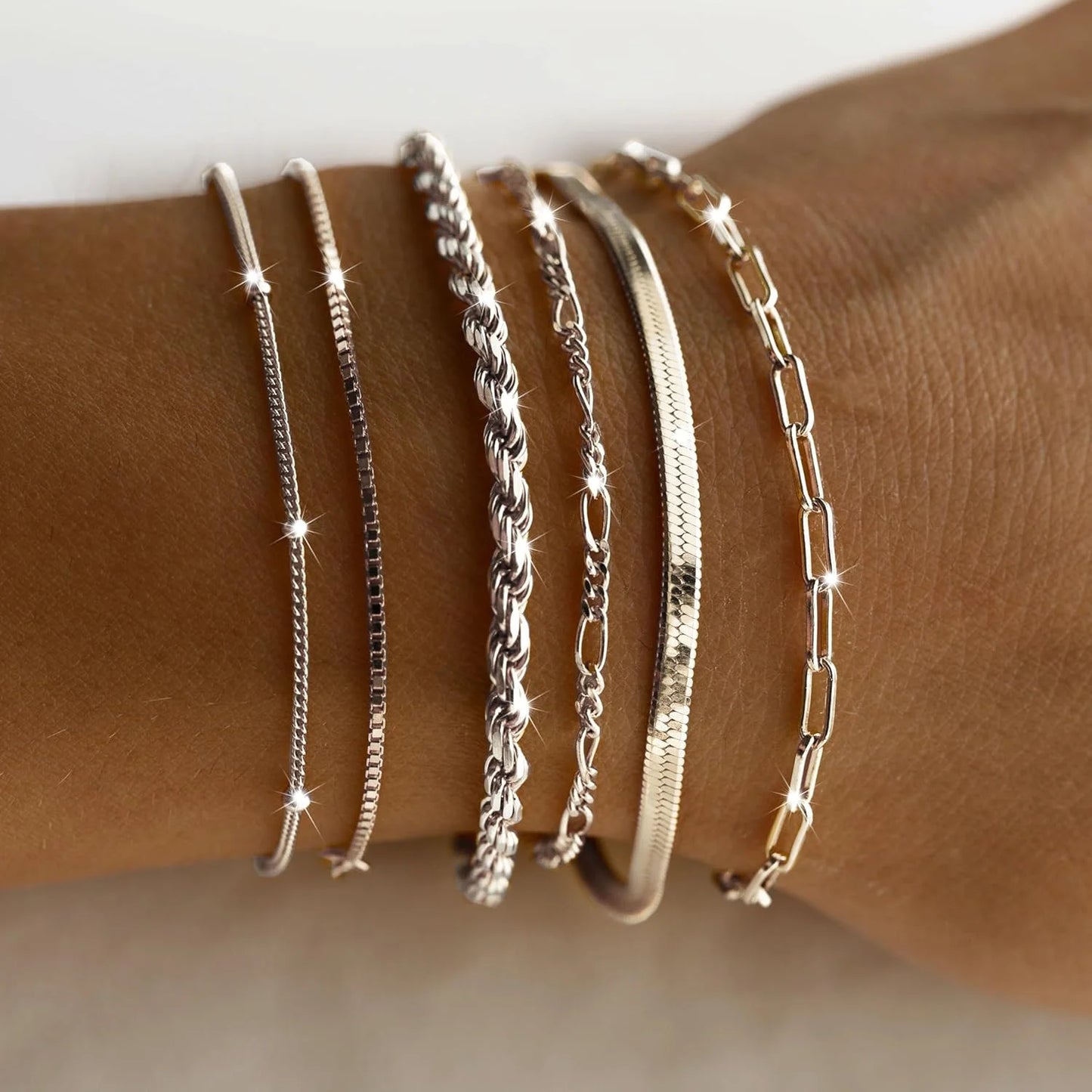Dainty Silver Bracelets for Women Trendy, 925 Sterling Silver Jewelry Set for Women Bracelets for Women Paperclip Box Herringbone Figaro Rope Chain Bracelet Fashion Pack Gifts for Women Girls