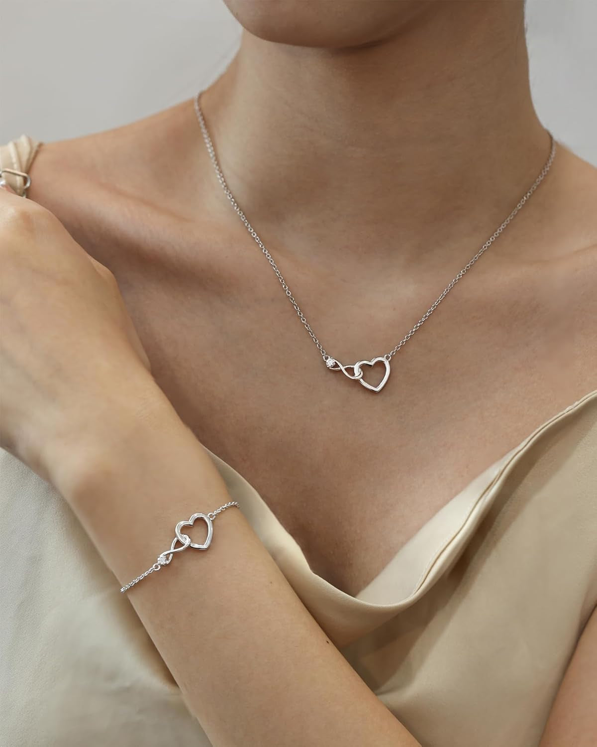 FANCIME Infinity Love Heart Necklace Bracelet 925 Sterling Sliver Gold Plated Dainty Simulated Diamond Jewelry Birthday Anniversary for Women Mom Her Wife Lady, Adjustable Chain