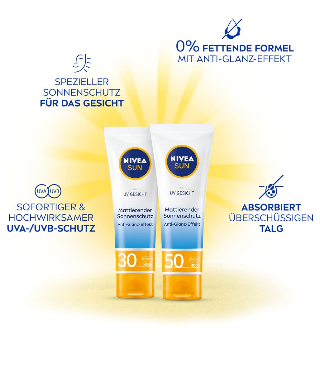 NIVEA SUN UV Gesicht Mattierender Sonnenschutz LSF 50 (50 Ml), Nicht Fettende Sonnencreme Für Das Gesicht, Sofort Wirksame Sonnenmilch Mit Leichter Textur (Packung Mit 2)