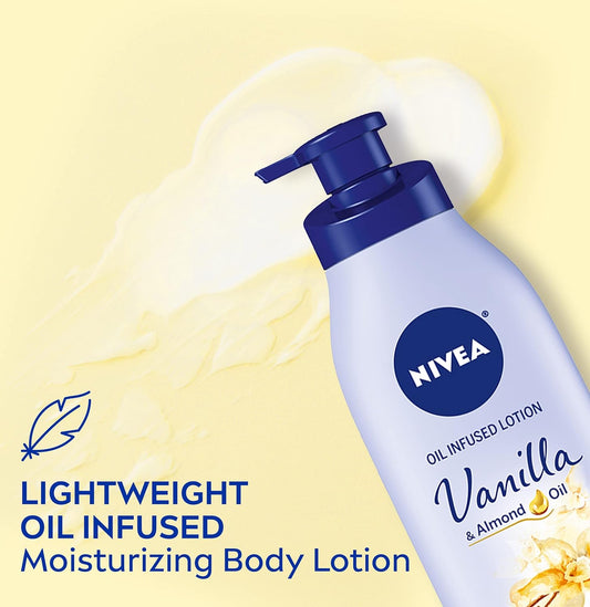 NIVEA Oil Infused Vanilla and Almond Oil Body Lotion for Women, Fast-Absorbing and Non-Greasy Vanilla Scented Lotion Moisturizes for 48 Hours, 16.9 Fl Oz Pump Bottle, Pack of 3