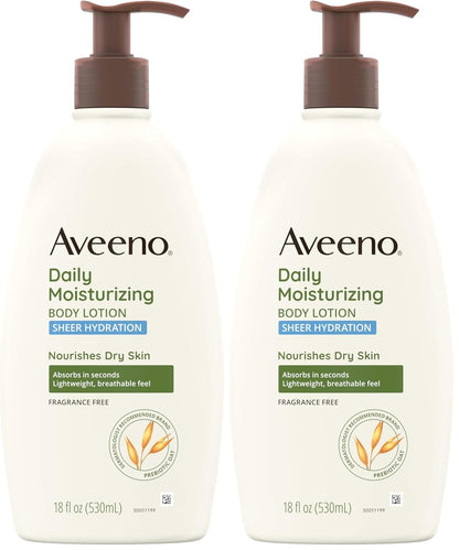 Aveeno Sheer Hydration Daily Moisturizing Fragrance-Free Lotion with Nourishing Prebiotic Oat, Fast-Absorbing Body Moisturizer for Dry Skin with Lightweight, Breathable Feel, 18 Fl. Oz